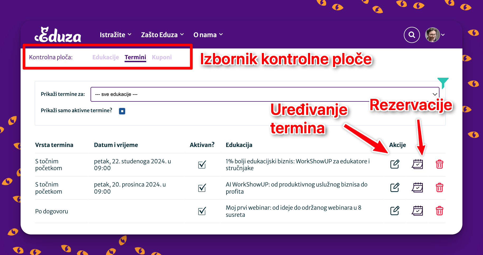 Kontrolna ploča za upravljanje edukacijama na Eduzi