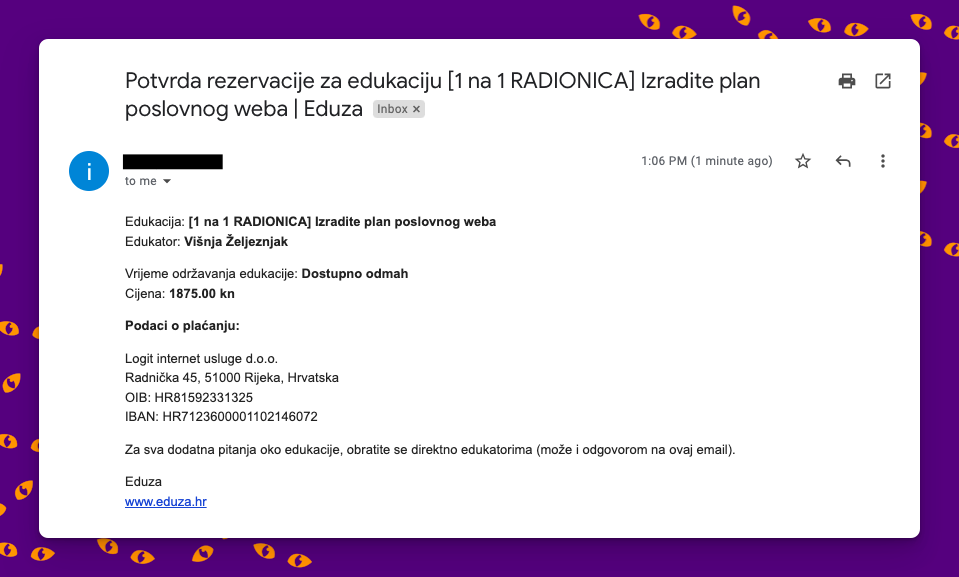 Prikaz emaila s rezervacijom i podacima za plaćanje na Eduzi