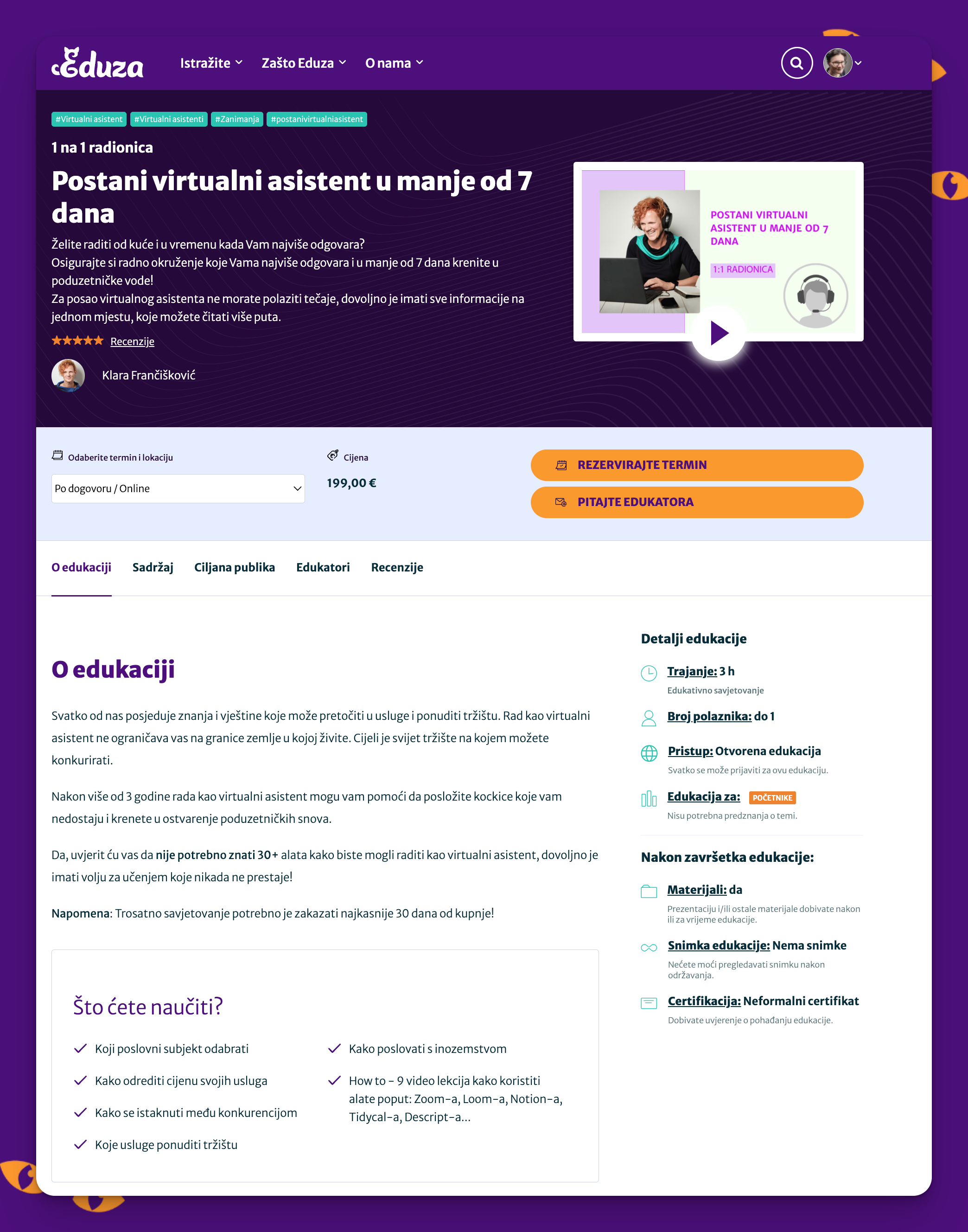 Primjer stranice edukacije na Eduza softveru